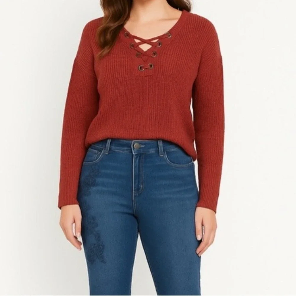 American Eagle Women's Lace-Up Sweater - Rust‎ size small